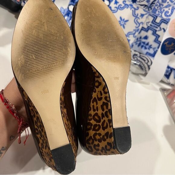 Marc Fisher Brown Patent Leather Peep Toe Animal Print Wedges Shoes Sz 10 - Picture 7 of 7